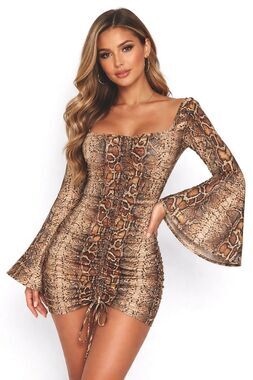 Y2K Snake Print Mesh Mini Dress Ruched Bodycon Bell Sleeve Clubwear Coverup M